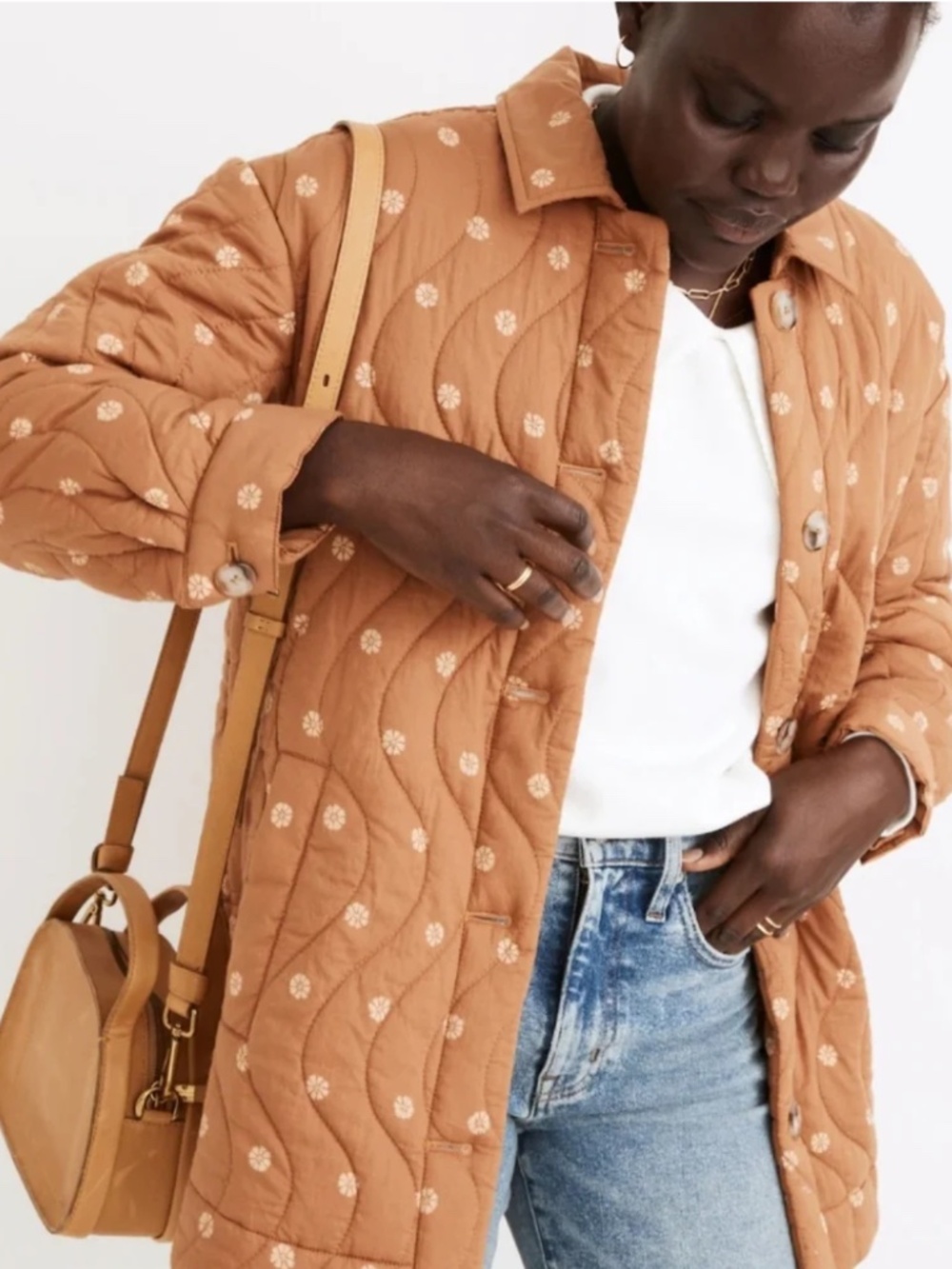 Madewell Quilted Belrose Shirt-Jacket In Bloom Dot Warm Hickory